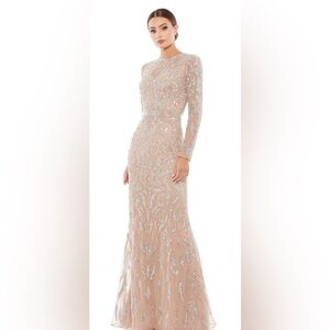 BEADED LONG SLEEVE EVENING GOWN Size 16 Color Mocha